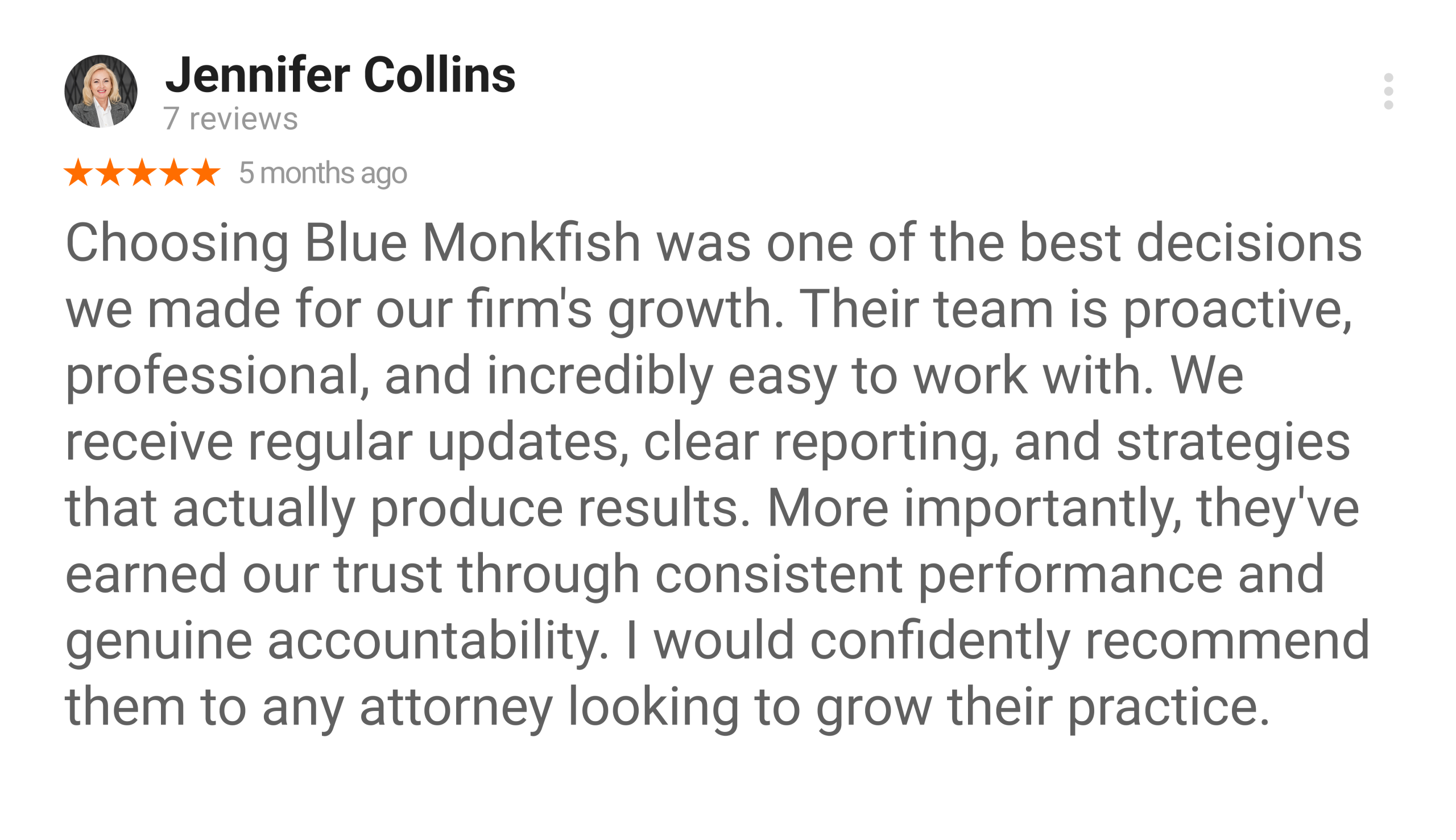 Sarah Mitchell Google review for Blue Monkfish