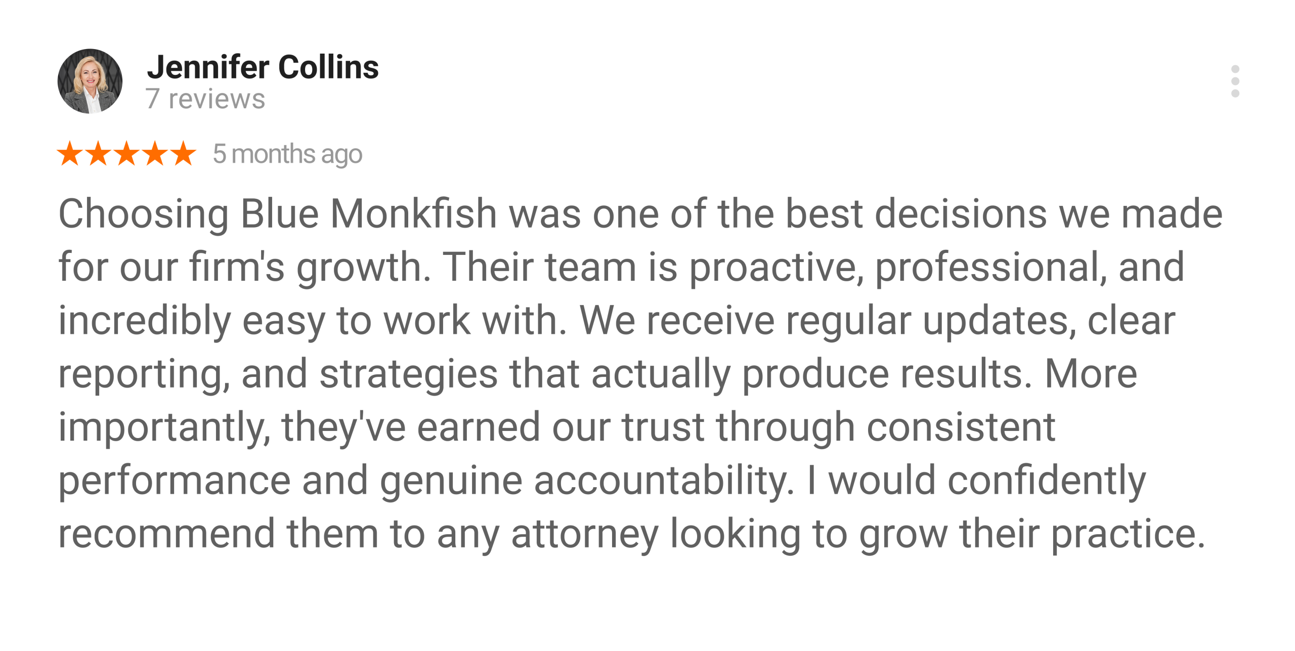 Sarah Mitchell Google review for Blue Monkfish